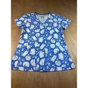 Med Couture Womens Medical Scrub Top Small Blue Polar Bear Print V-Neck Pockets